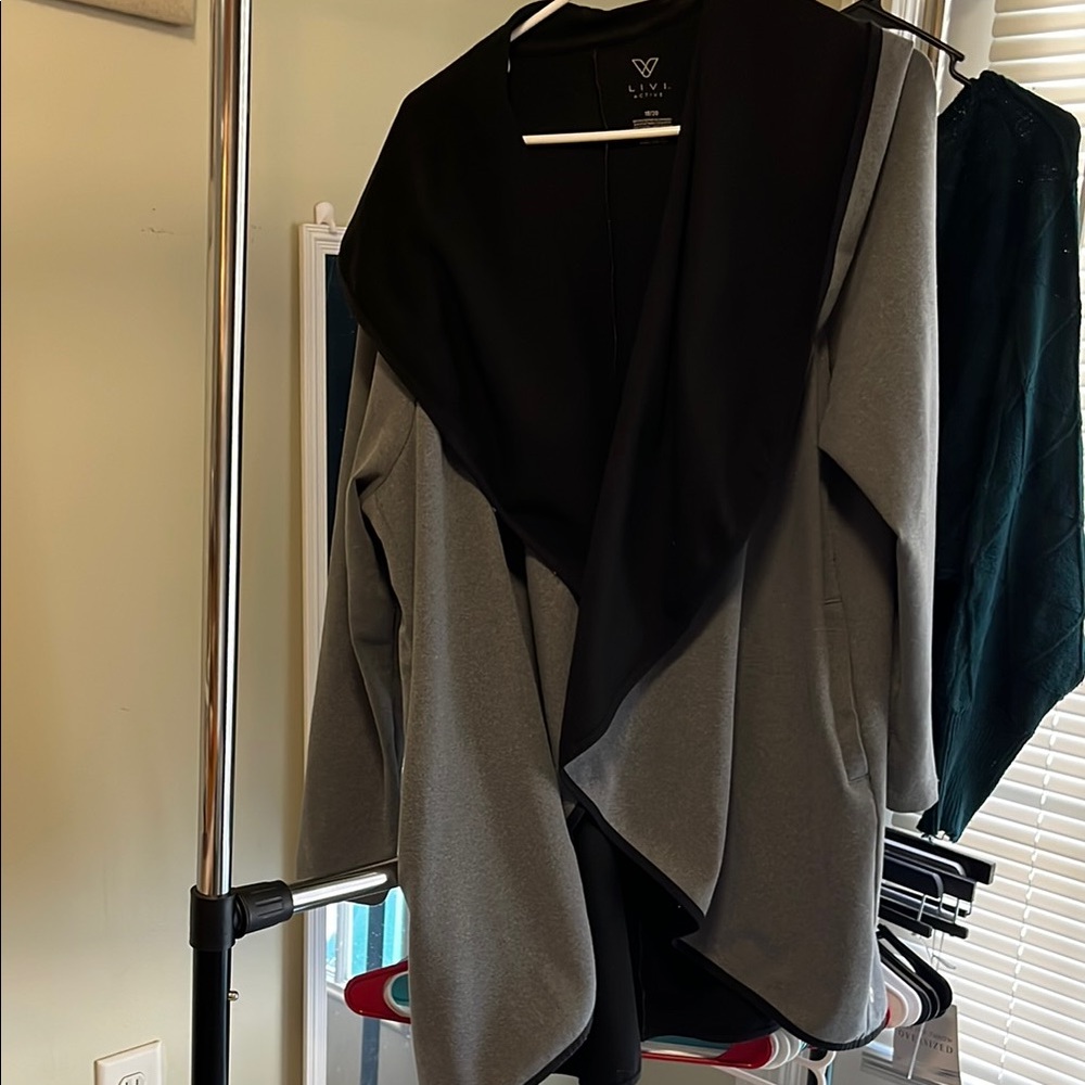 Livi Active Gray and Black Cardigan with Dramatic Draped Collar